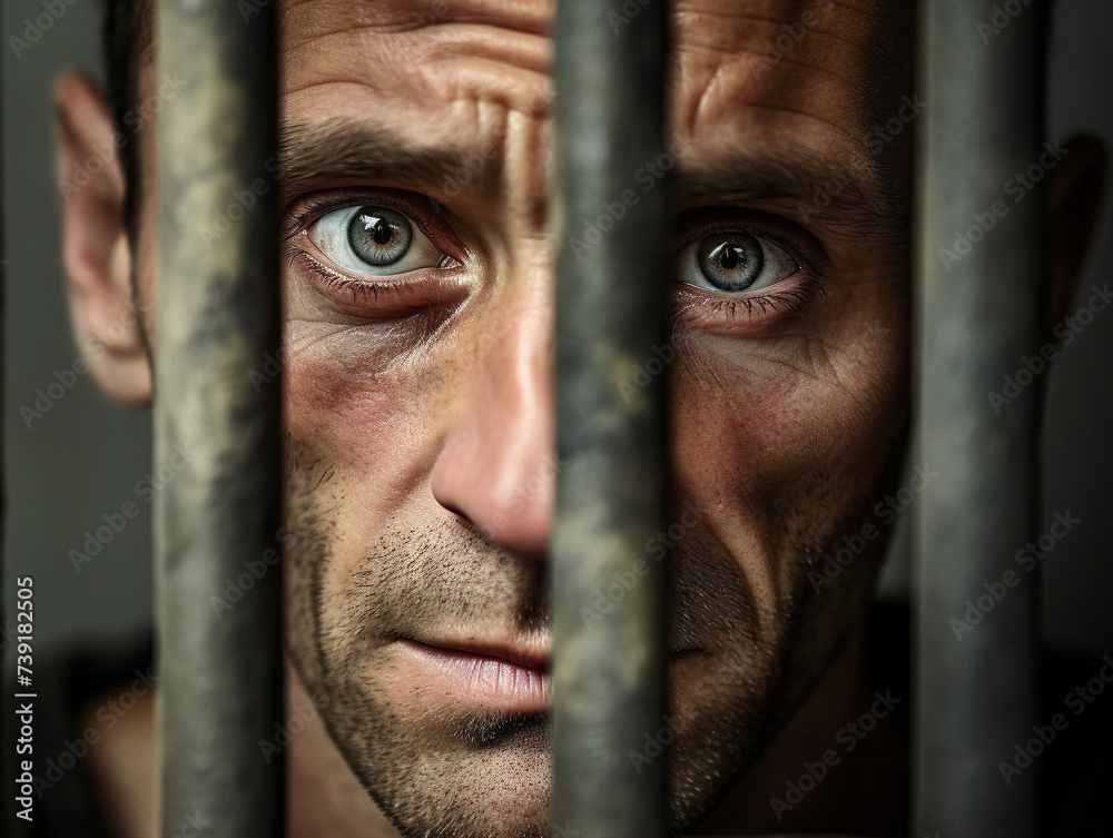 A solemn war prisoner stares through the bars with a heavy heart.