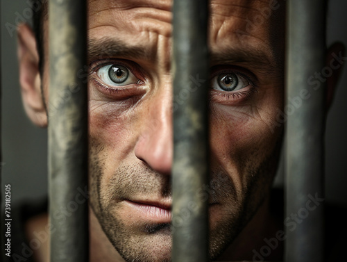 Obraz na płótnie A solemn war prisoner stares through the bars with a heavy heart. w salonie