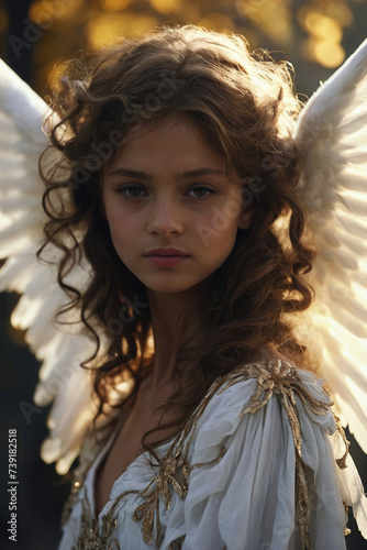 Close up portrait of a beautiful angel with white wings behind her back taken from close up