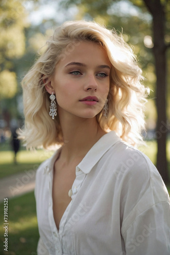 Portrait of a beautiful blonde female model with earrings in her ears and her shirt buttons slightly open