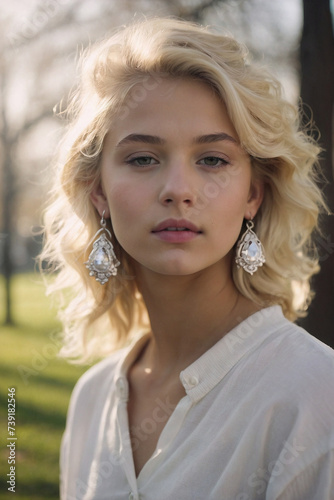 Close up portrait of a beautiful female model in all white clothes