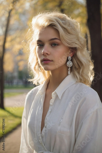 Portrait of a beautiful blonde female model with earrings in her ears