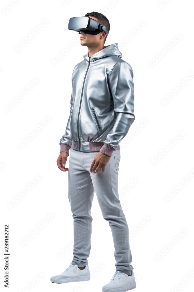 Artificial intelligence. unknown man standing use Virtual reality glasses wearing colorful trendy clothes on transparent background, Png format. Artificial intelligence. unknown man standing use Virtual reality glasses wearing colorful trendy clothes on transparent background, Png format.