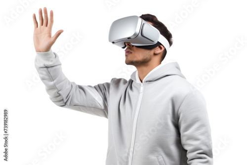 Artificial intelligence. unknown man standing use Virtual reality glasses wearing colorful trendy clothes on transparent background, Png format.
