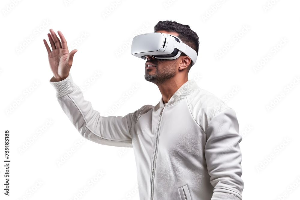 Artificial intelligence. unknown man standing use Virtual reality glasses wearing colorful trendy clothes on transparent background, Png format. Artificial intelligence. unknown man standing use Virtual reality glasses wearing colorful trendy clothes on transparent background, Png format.