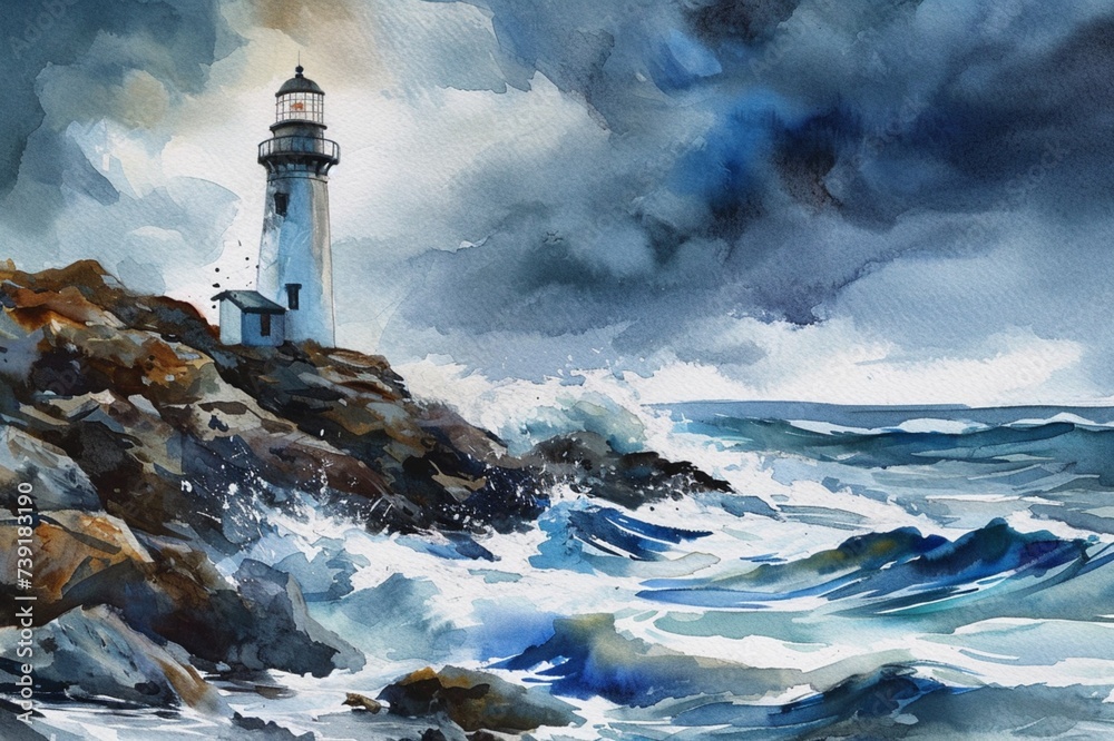 : A watercolor painting of a lighthouse on a rocky shore with waves and a stormy sky.
