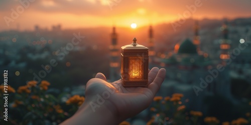 muslim hand holding miniature kaaba with mosque background. banner illustration for tawaf, Umrah or Hajj agency advertisement photo
