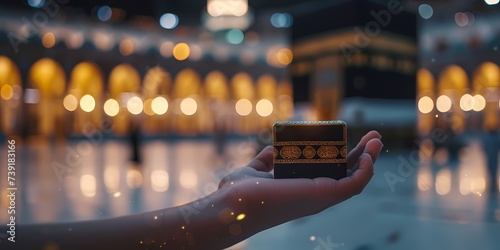 muslim hand holding miniature kaaba with mosque background. banner illustration for tawaf, Umrah or Hajj agency advertisement photo