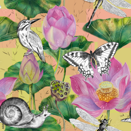 Seamless pattern with pink lotus, leaves, bird, dragonfly, butterfly and snail