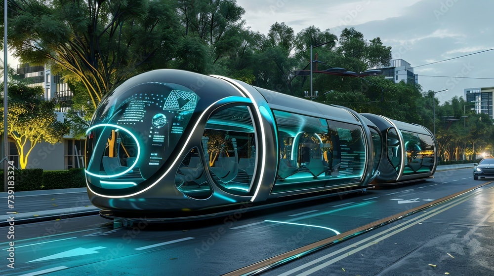Obraz premium A state-of-the-art autonomous tram with interactive displays moves through a modern city street in the evening.