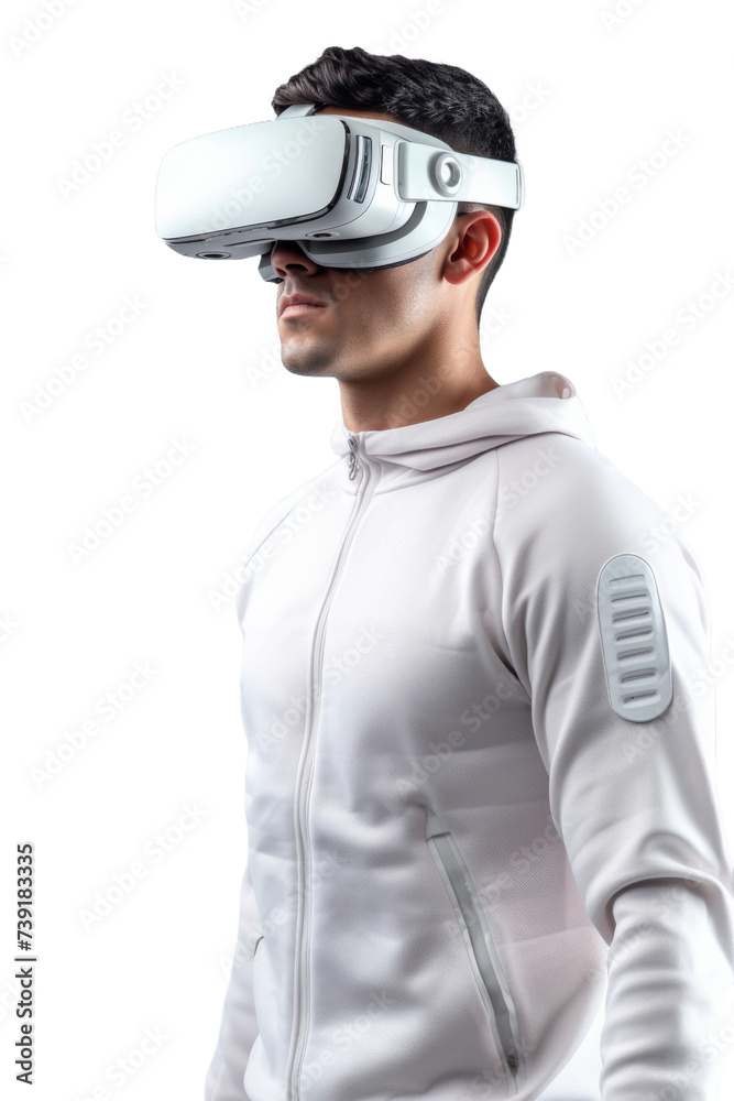 Artificial intelligence. unknown man standing use Virtual reality glasses wearing colorful trendy clothes on transparent background, Png format. Artificial intelligence. unknown man standing use Virtual reality glasses wearing colorful trendy clothes on transparent background, Png format.