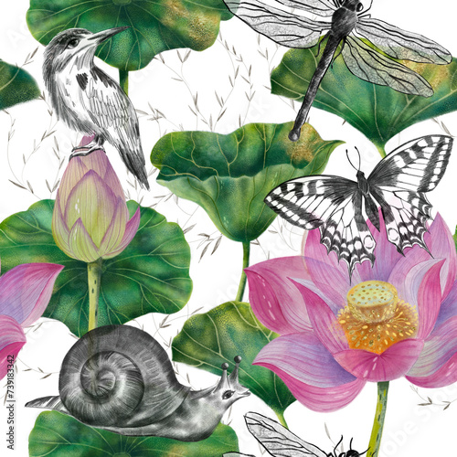 Seamless pattern with pink lotus, leaves, bird, dragonfly, butterfly and snail