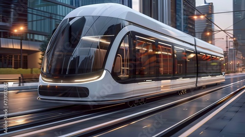 A sleek, modern tram moves smoothly along the tracks in an urban landscape during the early evening hours, showcasing contemporary public transport.