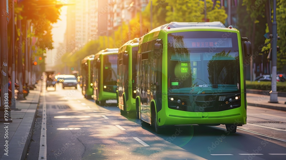 Obraz premium Fleet of green electric buses cruising through a city street bathed in warm morning sunlight, reflecting sustainable urban transport.