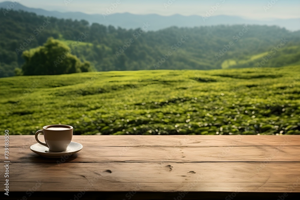 Wooden table top on a blurry field of tea. Concept Tea field, Wooden table, Nature photography, Blurred background, Rural setting