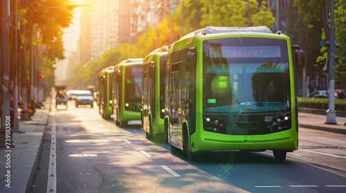 Fleet of green electric buses cruising through a city street bathed in warm morning sunlight, reflecting sustainable urban transport.