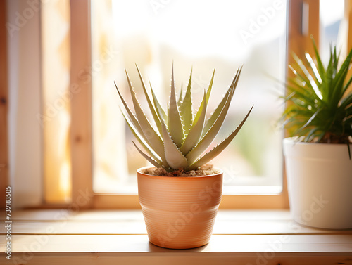 Aloe vera plant in a white flower pot on wooden table with blurry bright background
