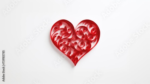 A red heart made of patterns  cut paper on a white insulated background. Red heart shape isolated on white.