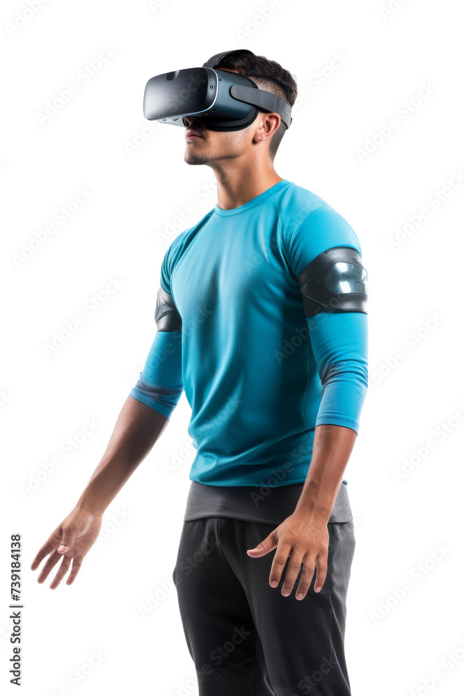 Artificial intelligence. unknown man standing use Virtual reality glasses wearing colorful trendy clothes on transparent background, Png format. Artificial intelligence. unknown man standing use Virtual reality glasses wearing colorful trendy clothes on transparent background, Png format.