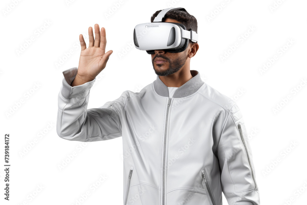 Artificial intelligence. unknown man standing use Virtual reality glasses wearing colorful trendy clothes on transparent background, Png format. Artificial intelligence. unknown man standing use Virtual reality glasses wearing colorful trendy clothes on transparent background, Png format.