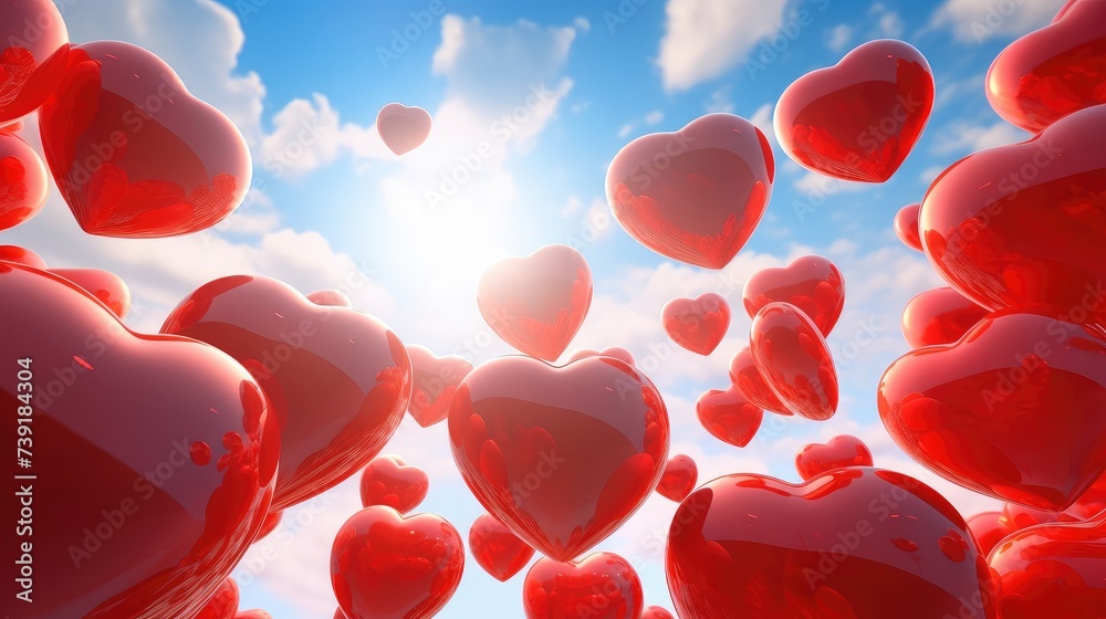 Many balloons in the shape of a heart in the sky among white clouds. A ...