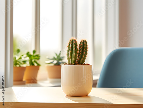 A small cactus plant in a pot on living room table, blurry bright home interior 