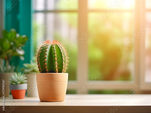 A small cactus plant in a pot on living room table, blurry bright home interior 