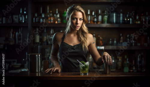 Sexy female blonde bartender with tattoo and black apron holding a cocktail shaker standing in front of a bar