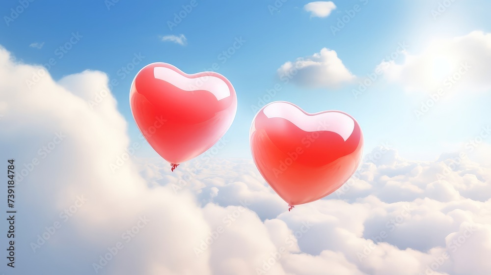 Two red balloons in the shape of a heart in the sky among white clouds. A place for the text.