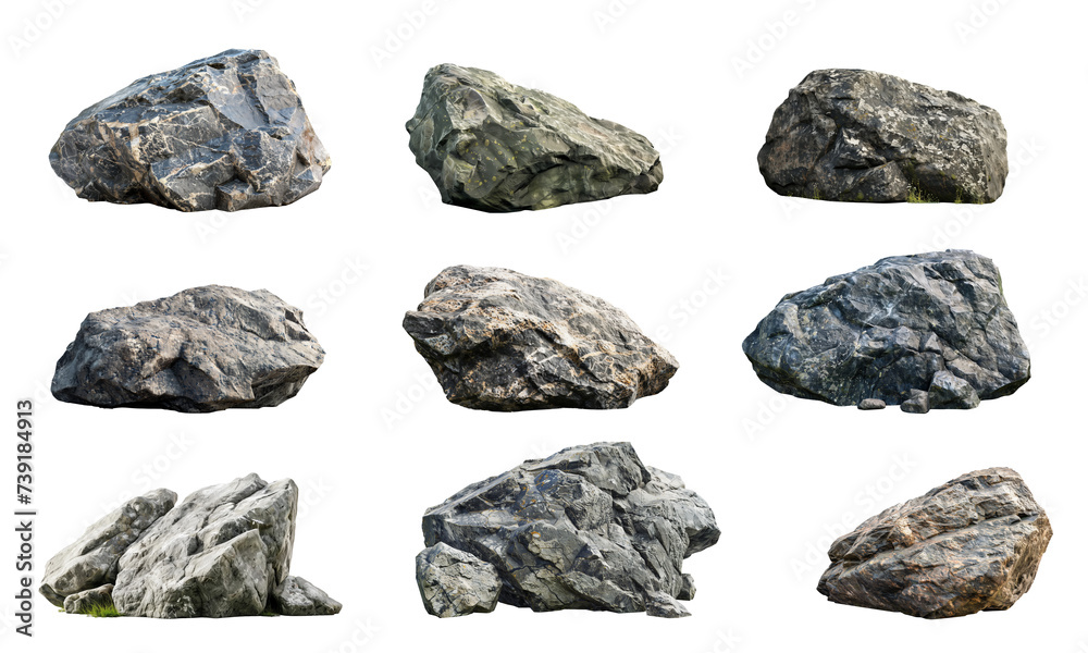 Collection of large granite boulders isolated on transparent background, Assorted rocks set with realistic textures | Generative AI