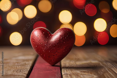 Close-up of red hearts on wooden table with defocused lights. Perfect St. Valentine's Day background for romantic projects.
