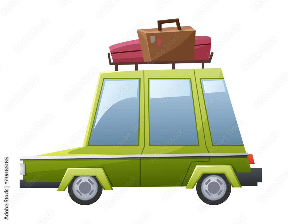 Green car with suitcase and tourist luggage on roof, funny vehicle vector illustration