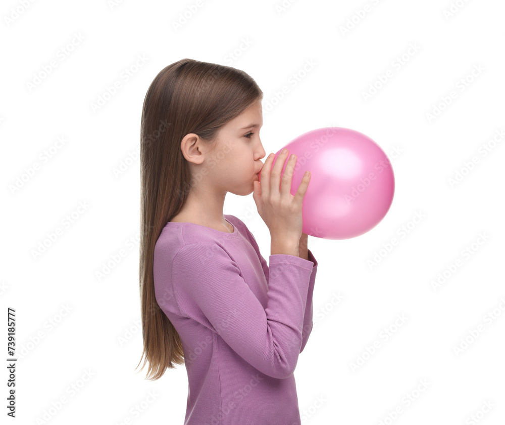 Girl inflating pink balloon on white background Girl inflating pink balloon on white background