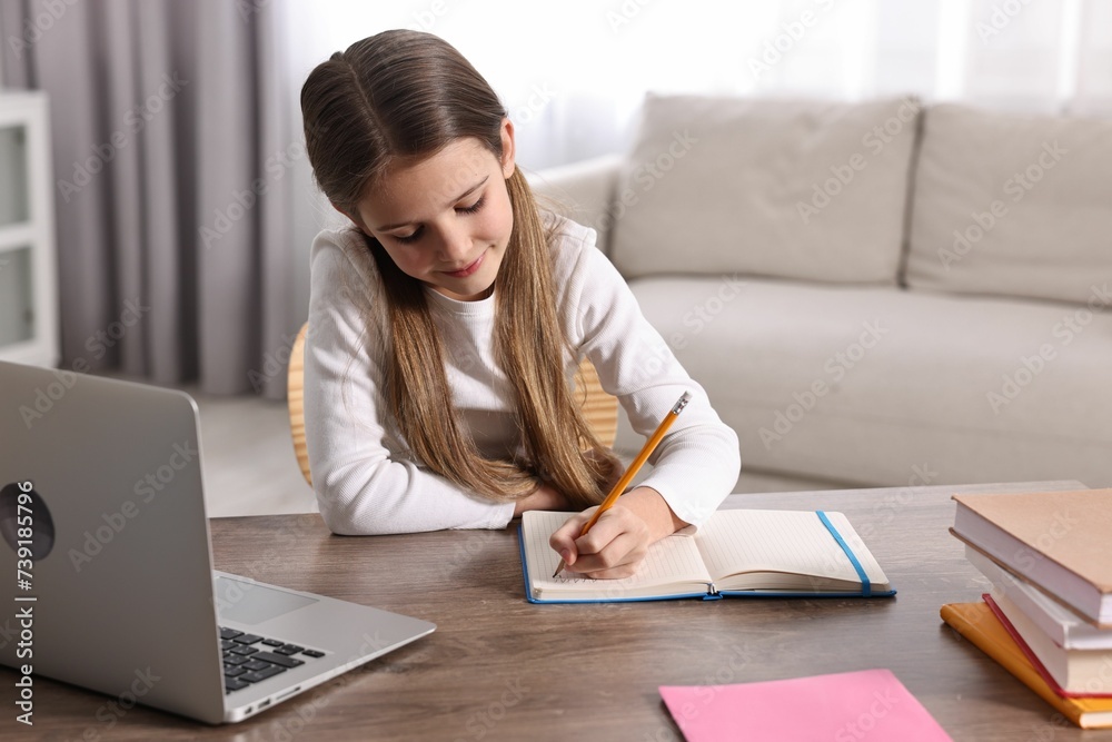 E-learning. Cute girl taking notes during online lesson at table indoors E-learning. Cute girl taking notes during online lesson at table indoors