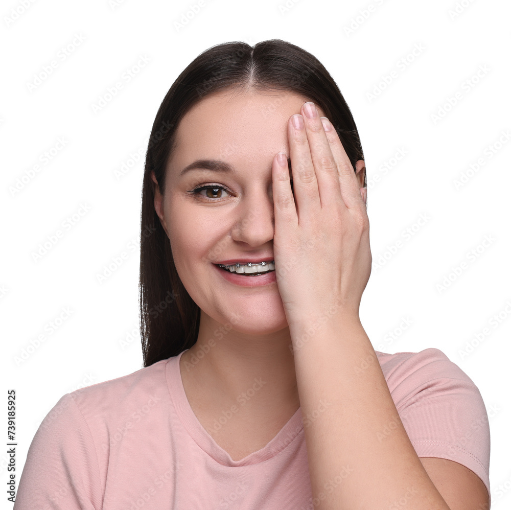Beautiful woman covering her eye on white background Beautiful woman covering her eye on white background