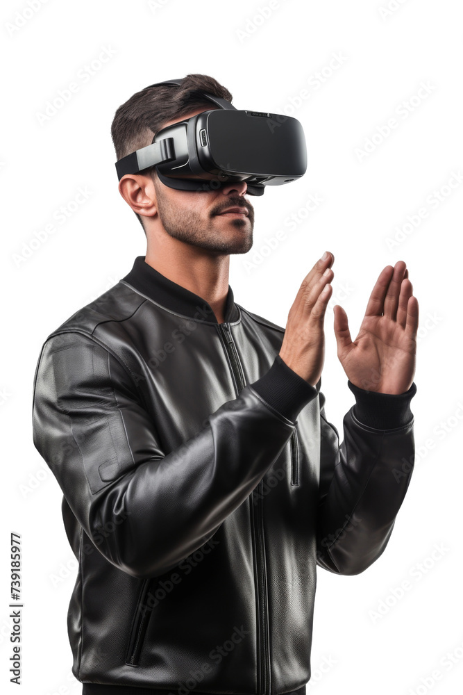 Artificial intelligence. unknown man standing use Virtual reality glasses wearing colorful trendy clothes on transparent background, Png format. Artificial intelligence. unknown man standing use Virtual reality glasses wearing colorful trendy clothes on transparent background, Png format.
