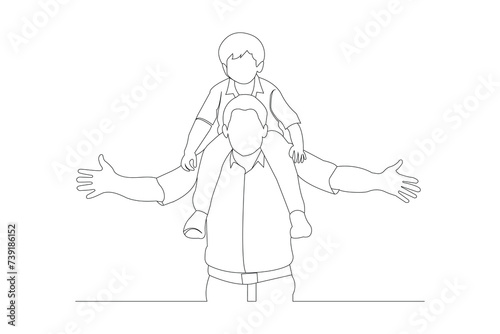 Father carrying his son on his shoulders continuous outline vector isolated on white background.