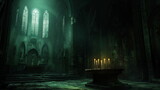 Altar in a dark gloomy Catholic cathedral, surrounded by shadows, casting an eerie and somber atmosphere