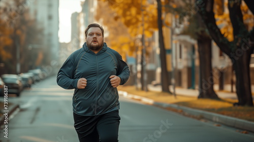 Man with а chubby physique body runs down the street in sports clothes, sports training, weight loss photo