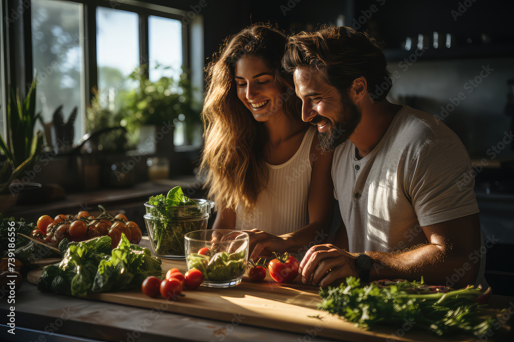 Couple is making salad in their kitchen.