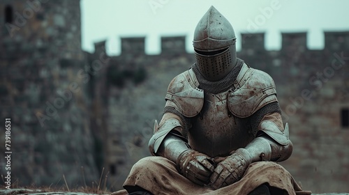 Against a backdrop of ancient stone walls, a knight clad in weathered armor rests on the ground, conveying a scene of historical vigilance and medieval presence