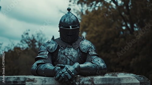 A solitary knight in full armor sits contemplatively on a bench, embodying a concept of historical warfare and medieval times, suitable as a dramatic backdrop for storytelling © logonv