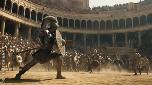 Gladiator Fight, Colosseum, Roaring Crowd. Gladiators engage in a fierce battle, surrounded by the thunderous cheers of a roaring crowd, echoing through the ancient amphitheater. Warrior