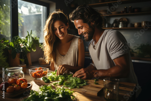 Couple is making salad in their kitchen.