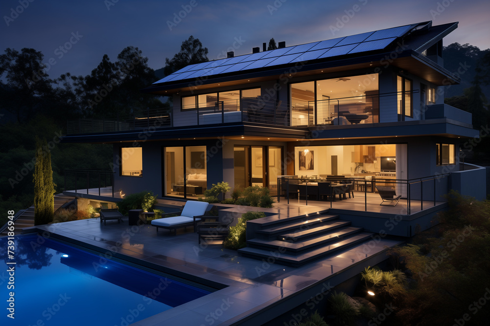 A documentary style photo capturing the sleek design of solar panels on a house roof highlighting the integration of renewable energy in modern living