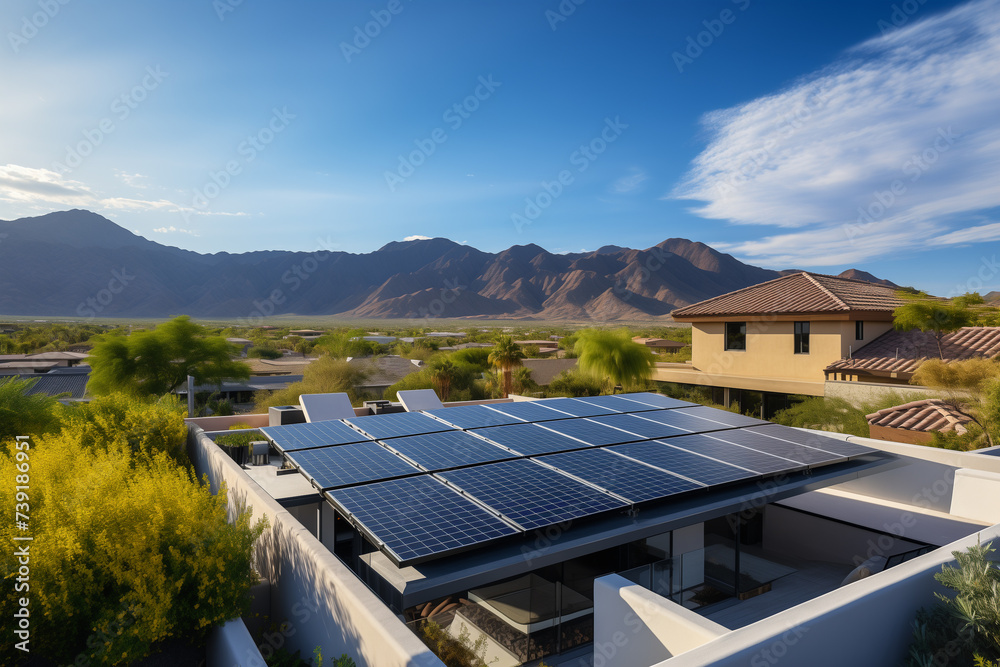 A documentary style photo capturing the sleek design of solar panels on a house roof highlighting the integration of renewable energy in modern living