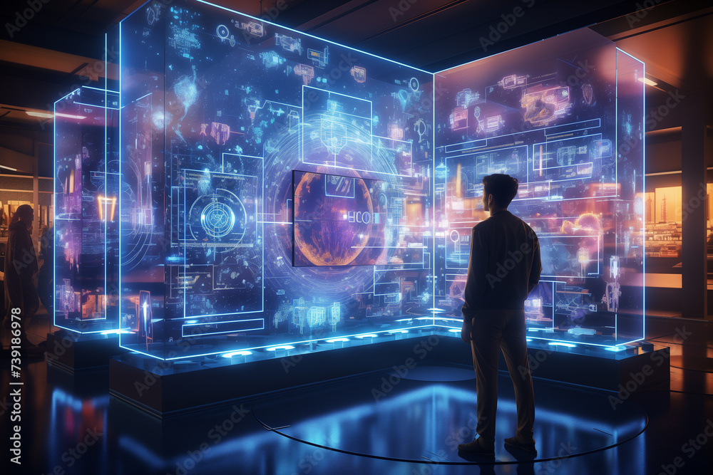 A futuristic AI laboratory with holographic data screens displaying complex algorithms and neural network visualizations an AI program in the form of a luminous hologram analyzing data