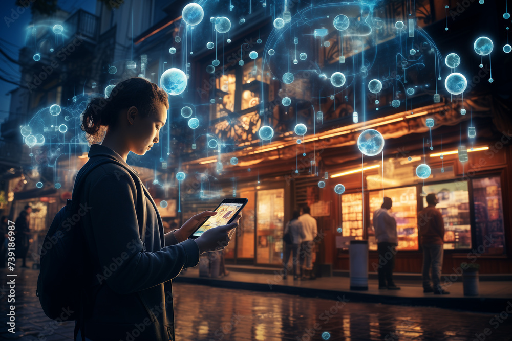 A futuristic concept art piece depicting a user in a smart city square controlling various public IoT devices through a holographic smartphone