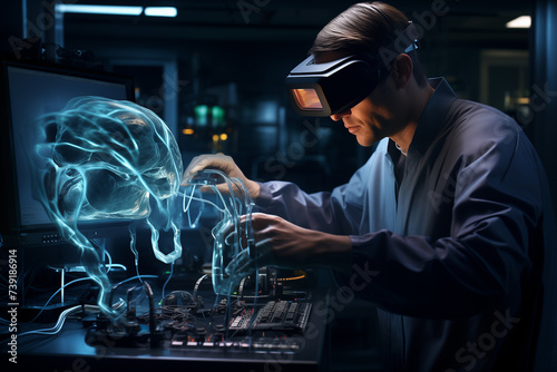 A detailed realistic image of a surgeon practicing a complex surgical procedure using a virtual reality headset surrounded by high tech medical photo