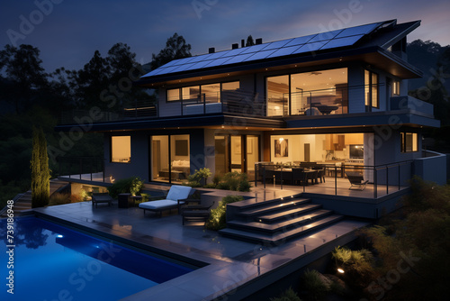 A documentary style photo capturing the sleek design of solar panels on a house roof highlighting the integration of renewable energy in modern living © JR-50
